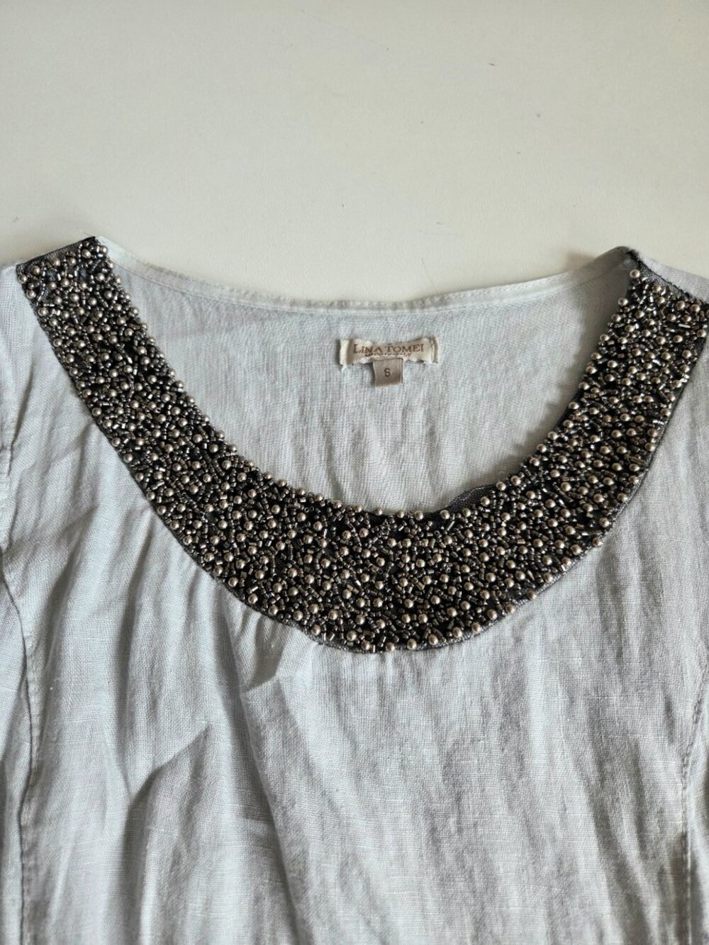 Lina Tomei Italian 100% Linen Light Grey Shift Dress Beaded Scoop Neck - Picture 3 of 11